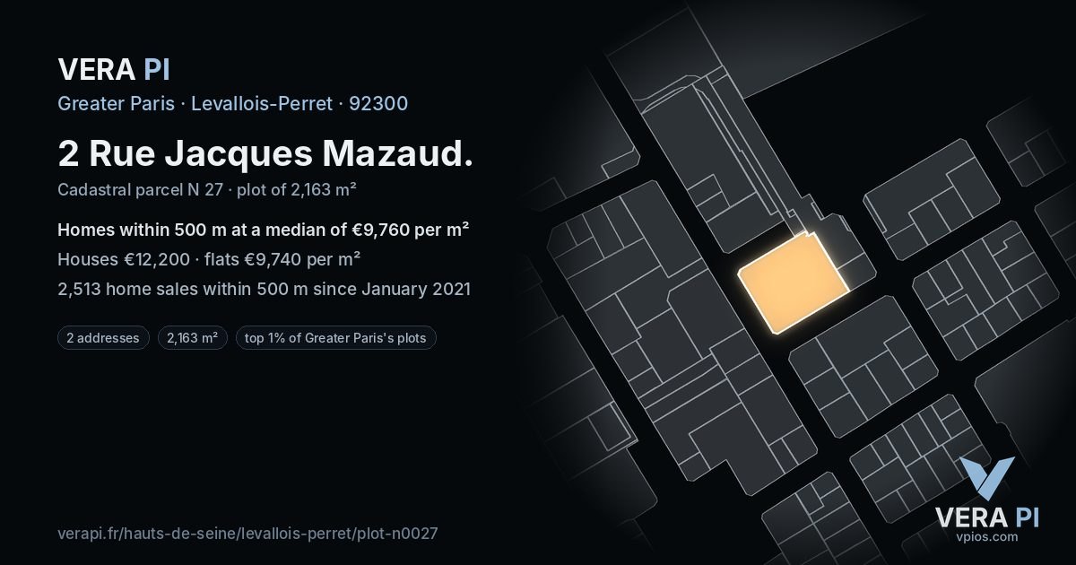 2 Rue Jacques Mazaud, Levallois-Perret at night – the plot lit, the parcels around coloured by the prices near them