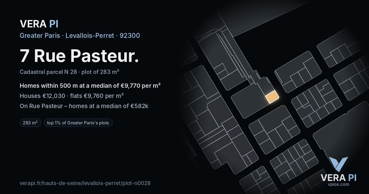 7 Rue Pasteur, Levallois-Perret at night – the plot lit, the parcels around coloured by the prices near them