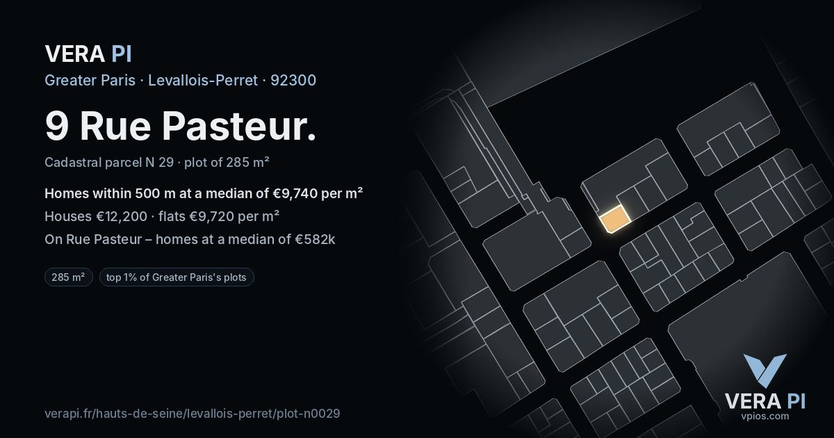 9 Rue Pasteur, Levallois-Perret at night – the plot lit, the parcels around coloured by the prices near them