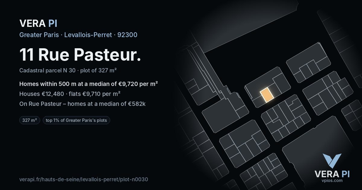 11 Rue Pasteur, Levallois-Perret at night – the plot lit, the parcels around coloured by the prices near them