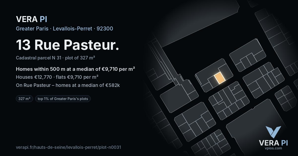 13 Rue Pasteur, Levallois-Perret at night – the plot lit, the parcels around coloured by the prices near them