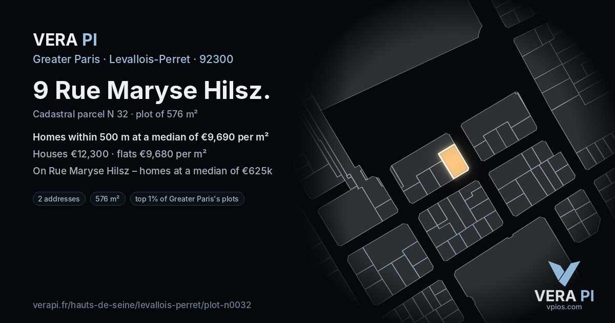 9 Rue Maryse Hilsz, Levallois-Perret at night – the plot lit, the parcels around coloured by the prices near them