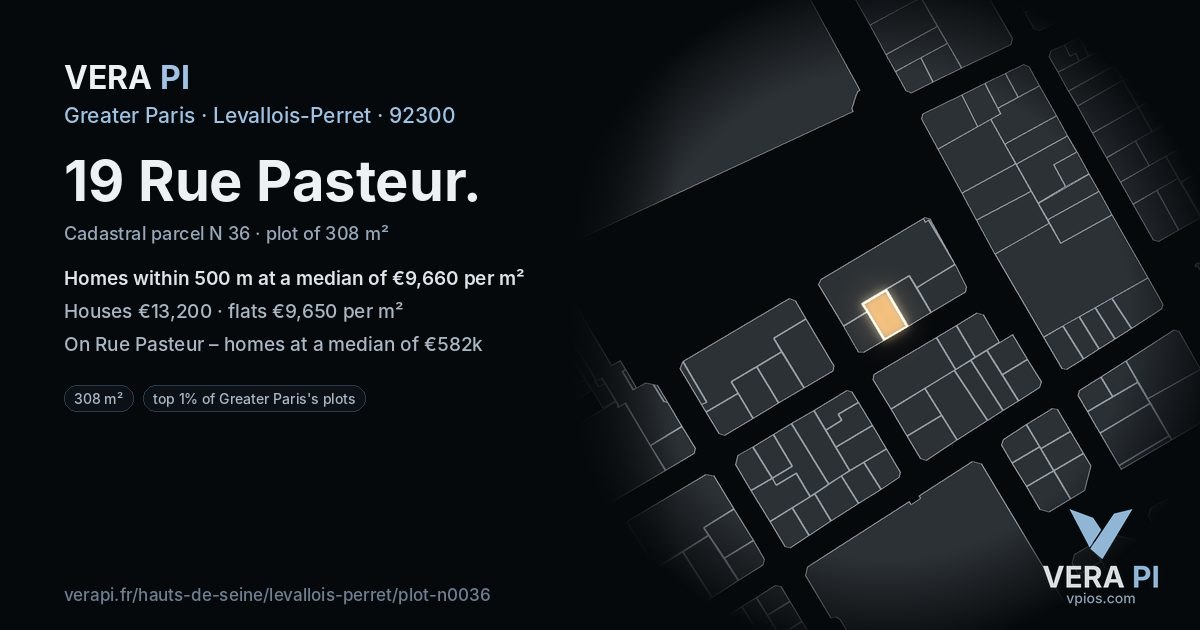 19 Rue Pasteur, Levallois-Perret at night – the plot lit, the parcels around coloured by the prices near them