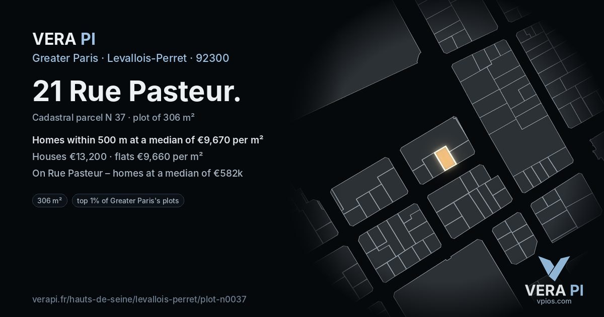 21 Rue Pasteur, Levallois-Perret at night – the plot lit, the parcels around coloured by the prices near them