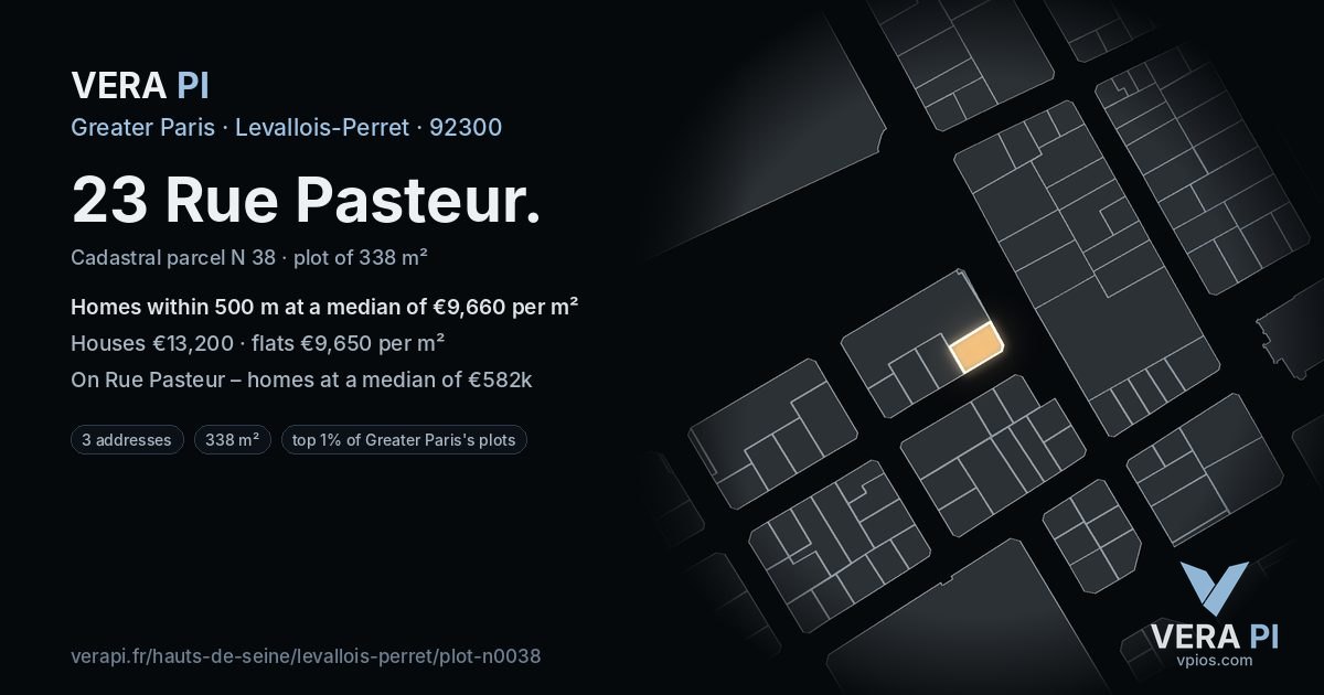 23 Rue Pasteur, Levallois-Perret at night – the plot lit, the parcels around coloured by the prices near them