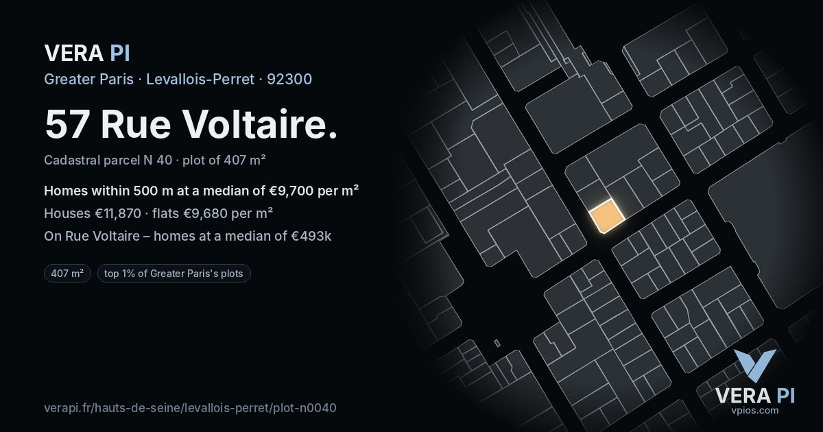 57 Rue Voltaire, Levallois-Perret at night – the plot lit, the parcels around coloured by the prices near them