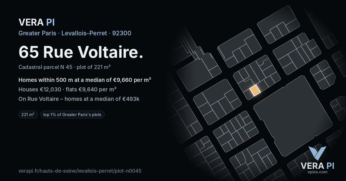 65 Rue Voltaire, Levallois-Perret at night – the plot lit, the parcels around coloured by the prices near them