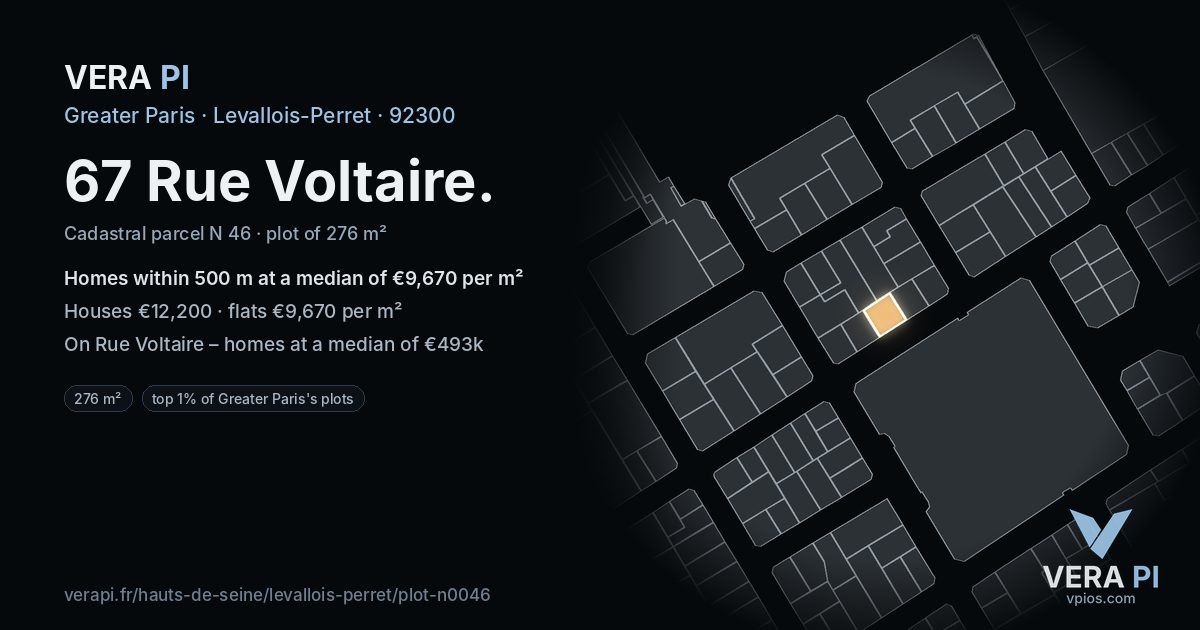 67 Rue Voltaire, Levallois-Perret at night – the plot lit, the parcels around coloured by the prices near them