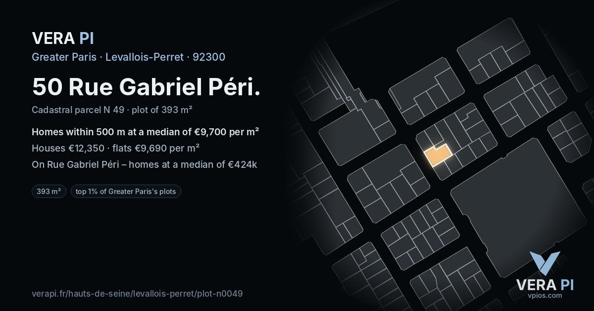 50 Rue Gabriel Péri, Levallois-Perret at night – the plot lit, the parcels around coloured by the prices near them