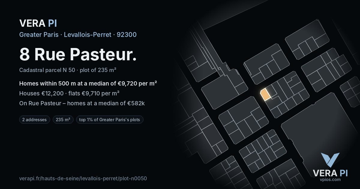 8 Rue Pasteur, Levallois-Perret at night – the plot lit, the parcels around coloured by the prices near them
