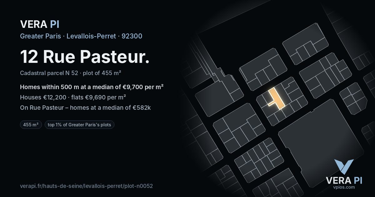 12 Rue Pasteur, Levallois-Perret at night – the plot lit, the parcels around coloured by the prices near them