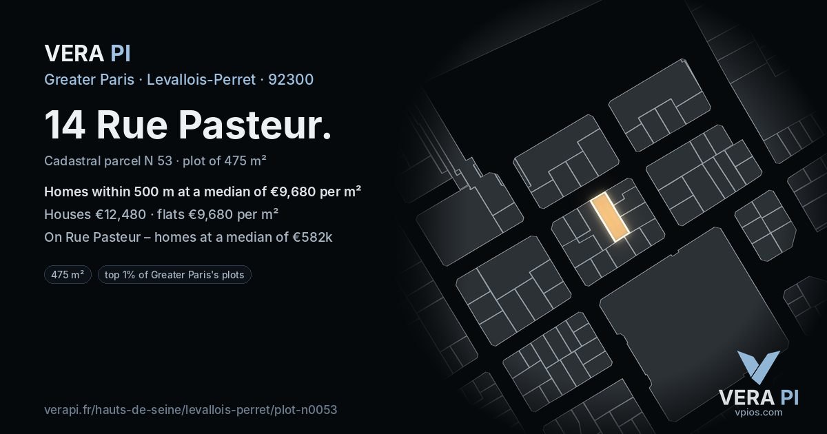 14 Rue Pasteur, Levallois-Perret at night – the plot lit, the parcels around coloured by the prices near them