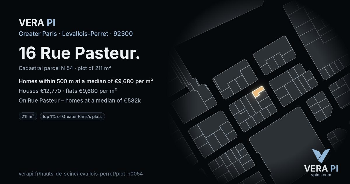 16 Rue Pasteur, Levallois-Perret at night – the plot lit, the parcels around coloured by the prices near them