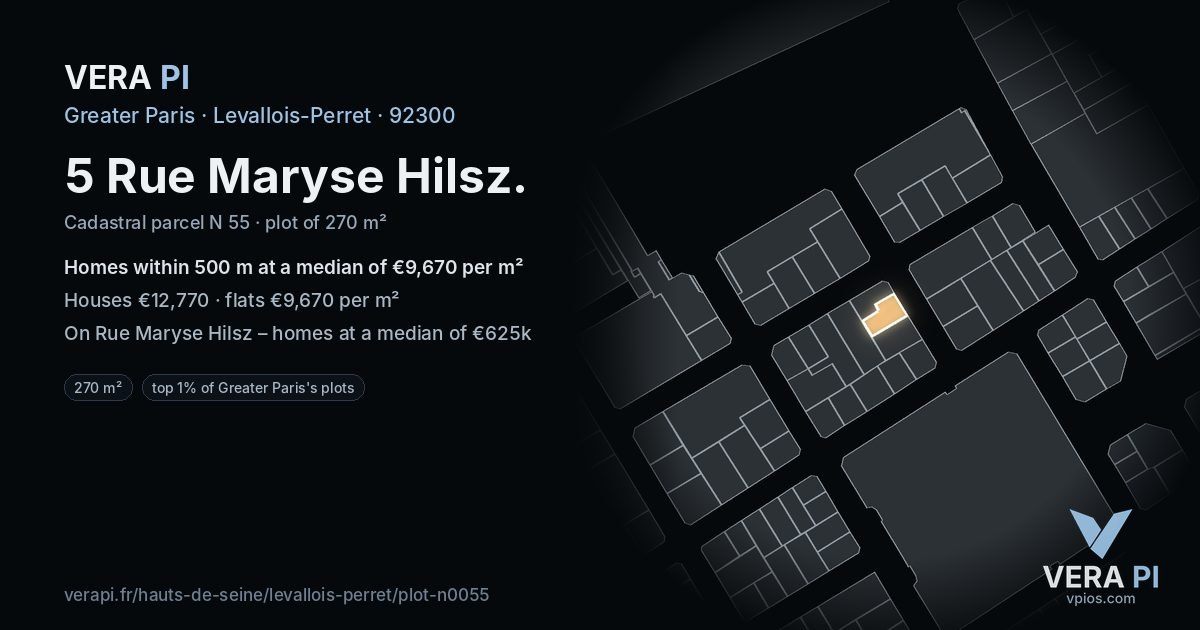 5 Rue Maryse Hilsz, Levallois-Perret at night – the plot lit, the parcels around coloured by the prices near them