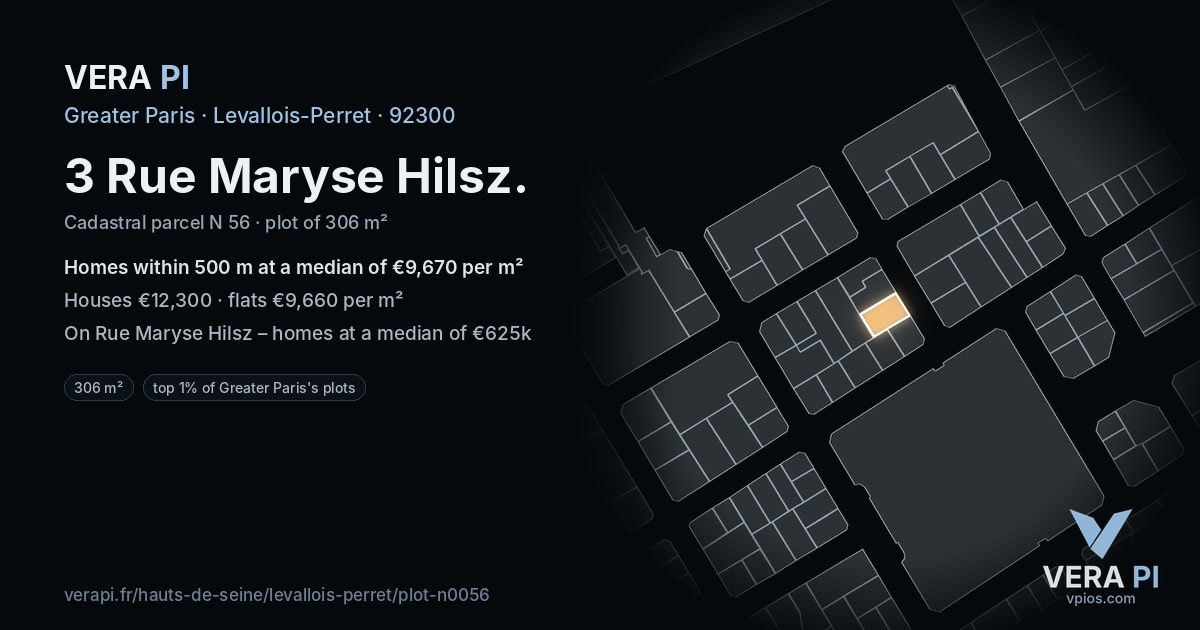 3 Rue Maryse Hilsz, Levallois-Perret at night – the plot lit, the parcels around coloured by the prices near them