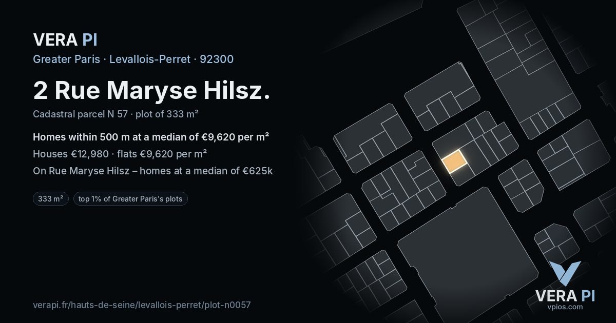 2 Rue Maryse Hilsz, Levallois-Perret at night – the plot lit, the parcels around coloured by the prices near them