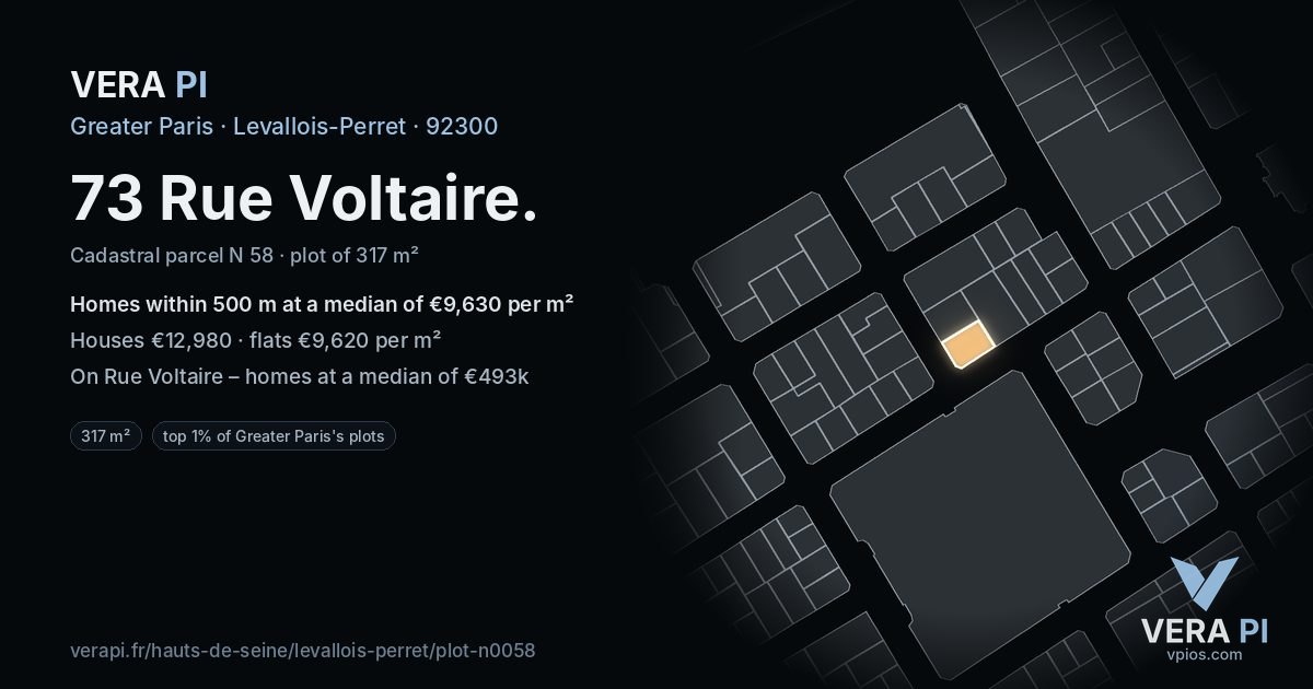73 Rue Voltaire, Levallois-Perret at night – the plot lit, the parcels around coloured by the prices near them