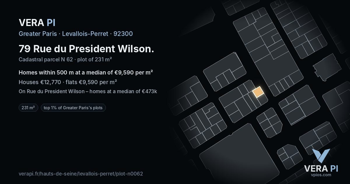 79 Rue du President Wilson, Levallois-Perret at night – the plot lit, the parcels around coloured by the prices near them