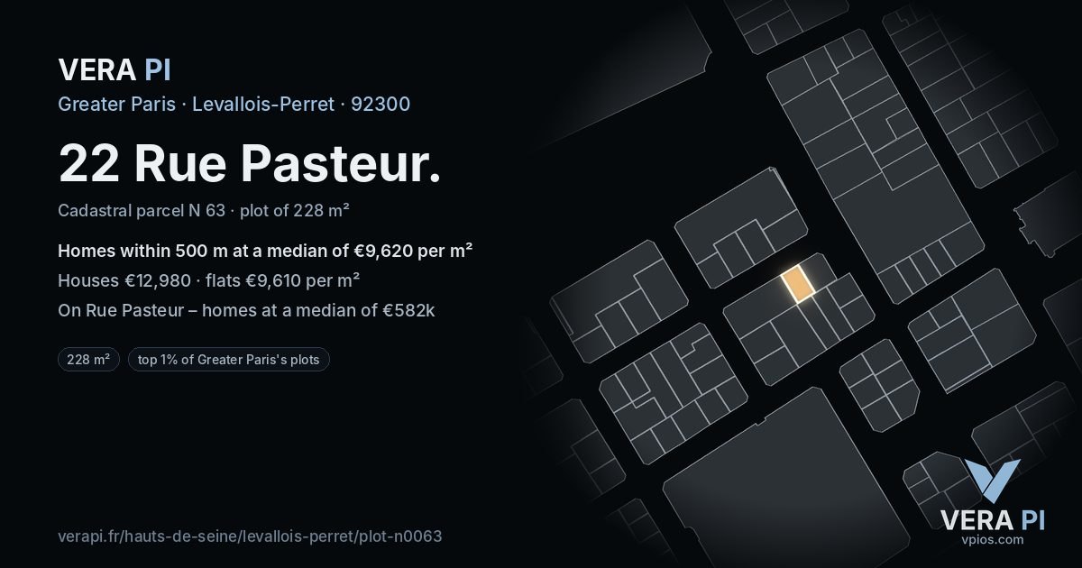 22 Rue Pasteur, Levallois-Perret at night – the plot lit, the parcels around coloured by the prices near them