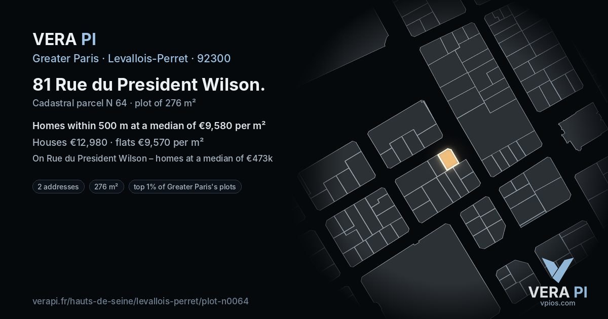 81 Rue du President Wilson, Levallois-Perret at night – the plot lit, the parcels around coloured by the prices near them