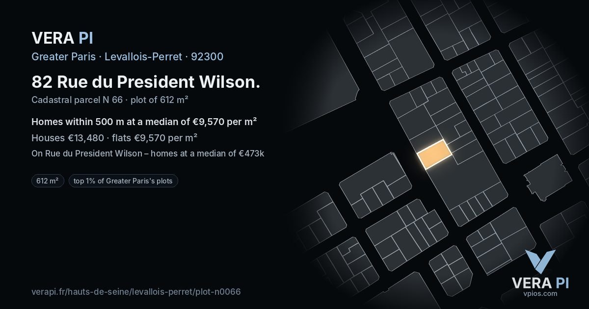 82 Rue du President Wilson, Levallois-Perret at night – the plot lit, the parcels around coloured by the prices near them