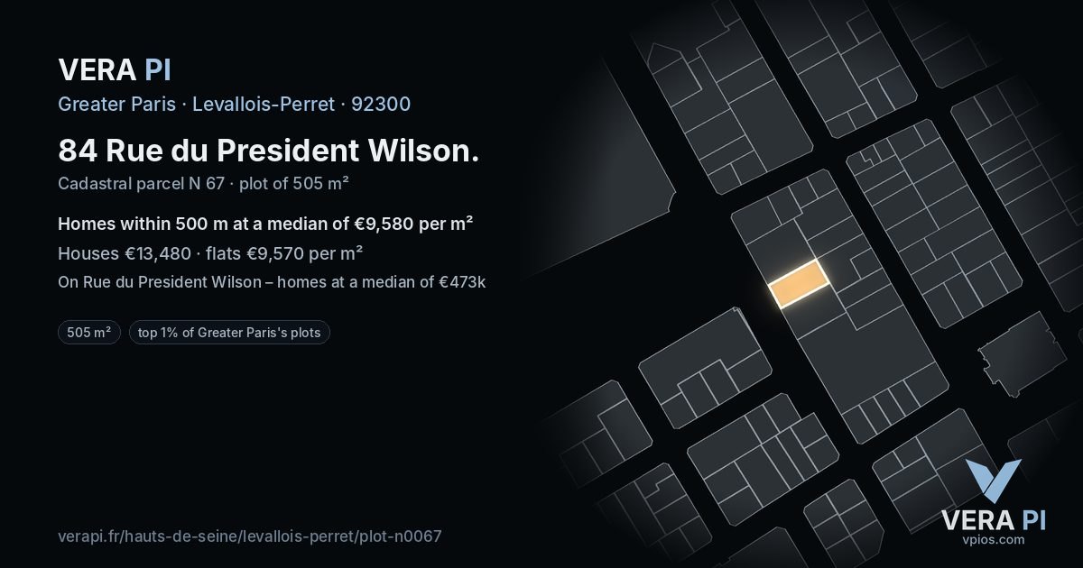 84 Rue du President Wilson, Levallois-Perret at night – the plot lit, the parcels around coloured by the prices near them