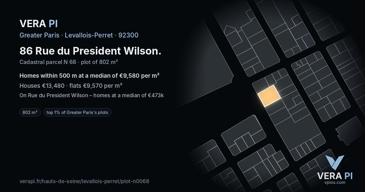 86 Rue du President Wilson, Levallois-Perret at night – the plot lit, the parcels around coloured by the prices near them