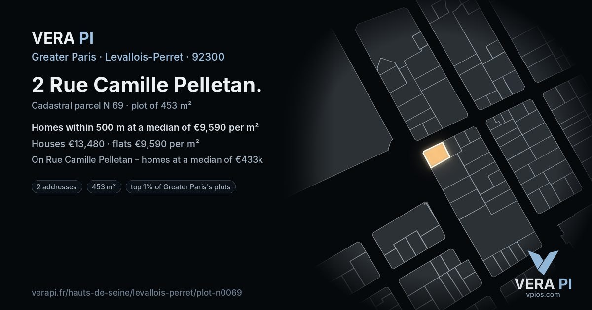 2 Rue Camille Pelletan, Levallois-Perret at night – the plot lit, the parcels around coloured by the prices near them