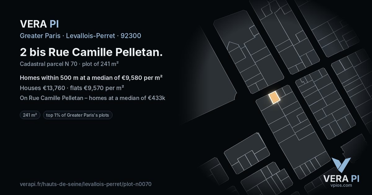 2 bis Rue Camille Pelletan, Levallois-Perret at night – the plot lit, the parcels around coloured by the prices near them