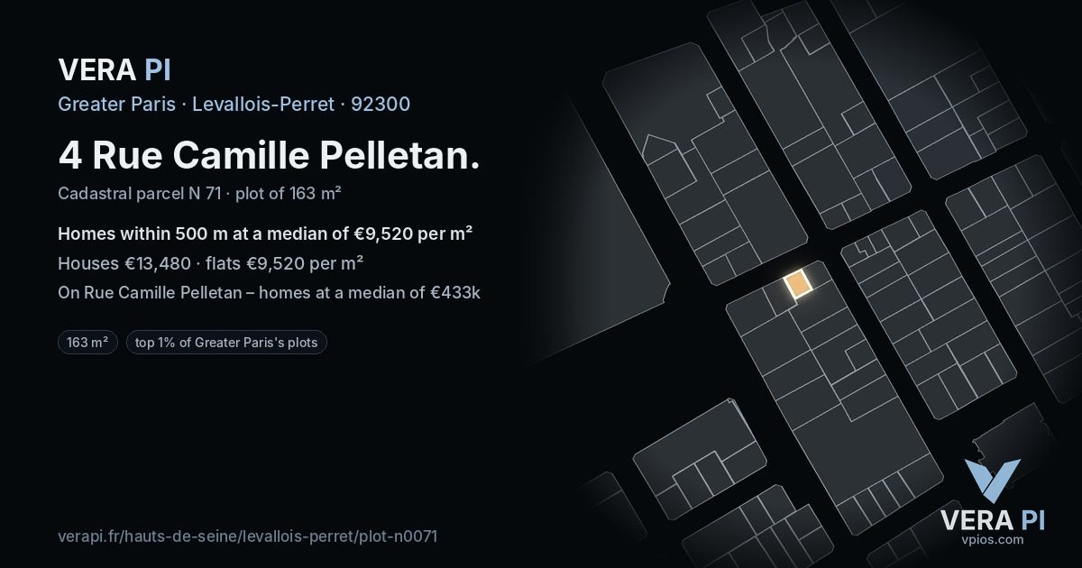 4 Rue Camille Pelletan, Levallois-Perret at night – the plot lit, the parcels around coloured by the prices near them