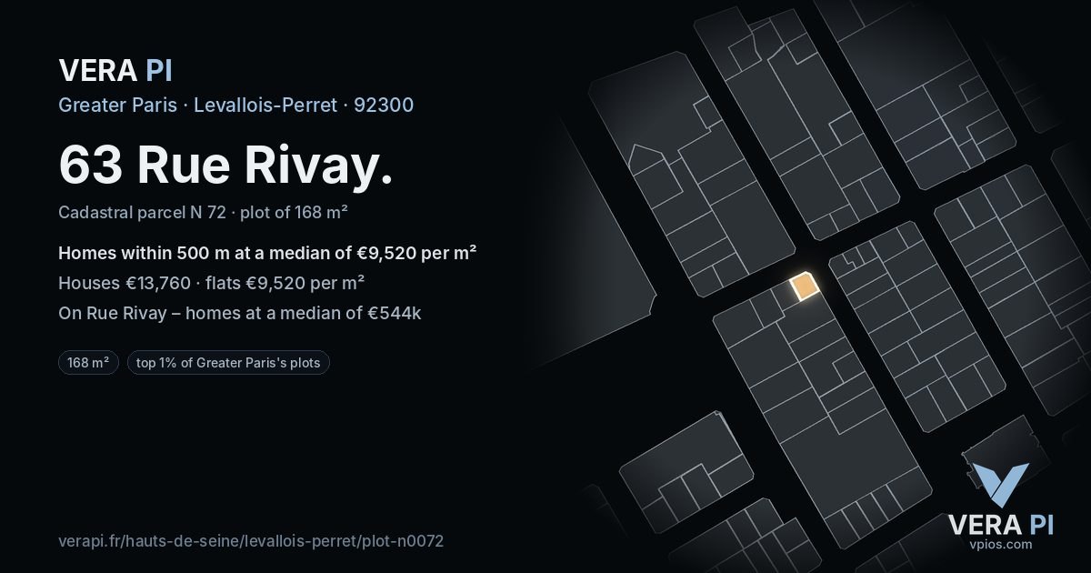 63 Rue Rivay, Levallois-Perret at night – the plot lit, the parcels around coloured by the prices near them