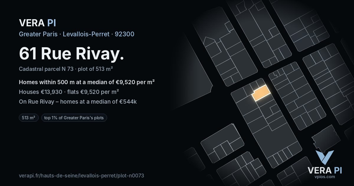 61 Rue Rivay, Levallois-Perret at night – the plot lit, the parcels around coloured by the prices near them