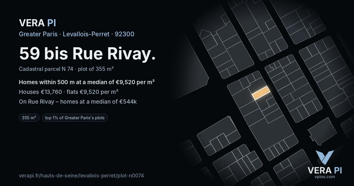 59 bis Rue Rivay, Levallois-Perret at night – the plot lit, the parcels around coloured by the prices near them