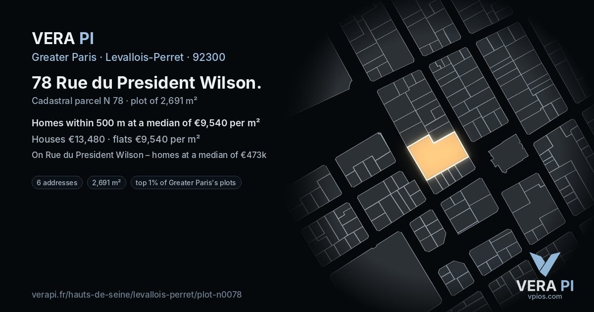 78 Rue du President Wilson, Levallois-Perret at night – the plot lit, the parcels around coloured by the prices near them