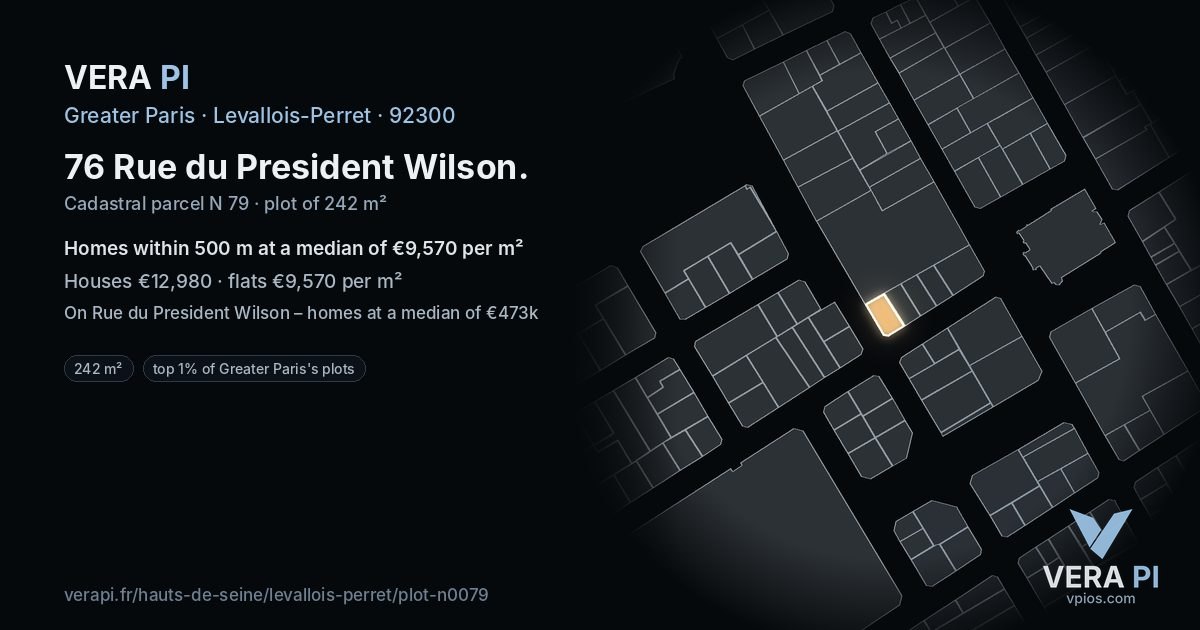 76 Rue du President Wilson, Levallois-Perret at night – the plot lit, the parcels around coloured by the prices near them