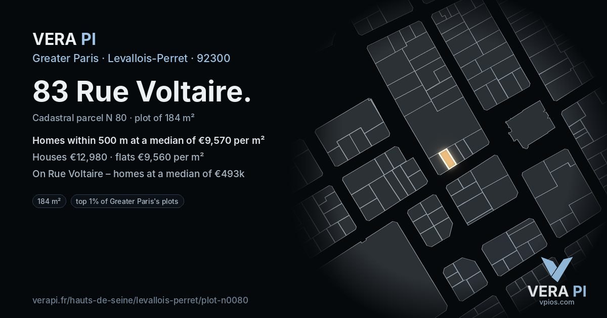 83 Rue Voltaire, Levallois-Perret at night – the plot lit, the parcels around coloured by the prices near them