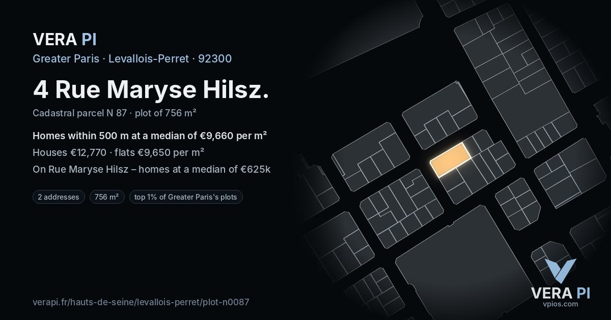 4 Rue Maryse Hilsz, Levallois-Perret at night – the plot lit, the parcels around coloured by the prices near them