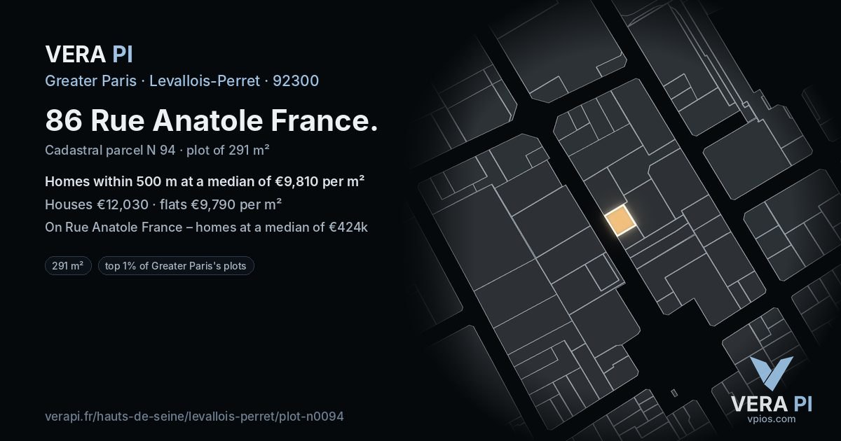 86 Rue Anatole France, Levallois-Perret at night – the plot lit, the parcels around coloured by the prices near them