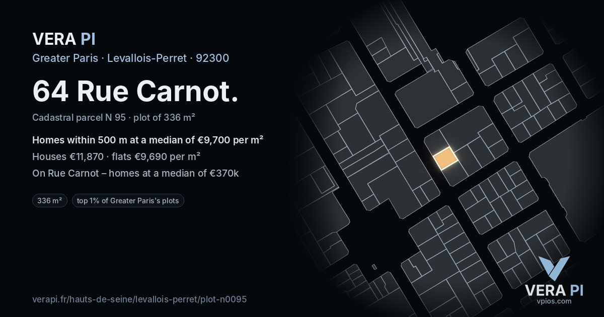 64 Rue Carnot, Levallois-Perret at night – the plot lit, the parcels around coloured by the prices near them