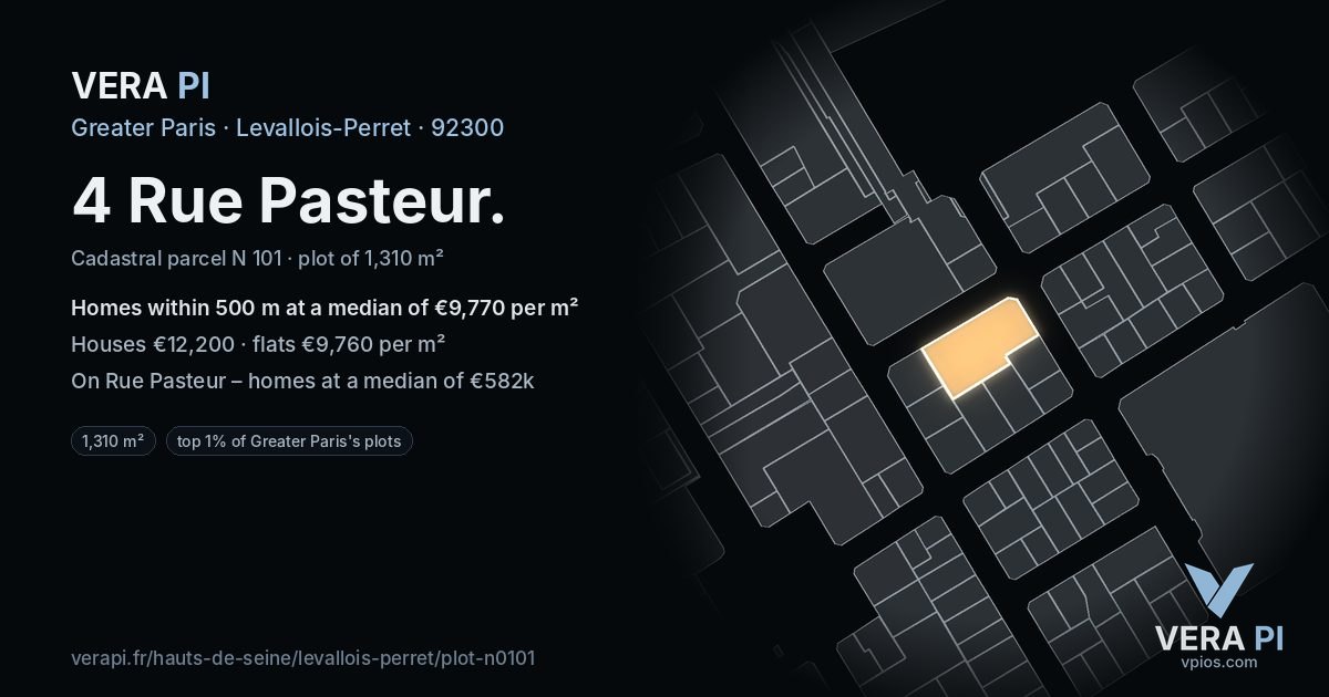 4 Rue Pasteur, Levallois-Perret at night – the plot lit, the parcels around coloured by the prices near them