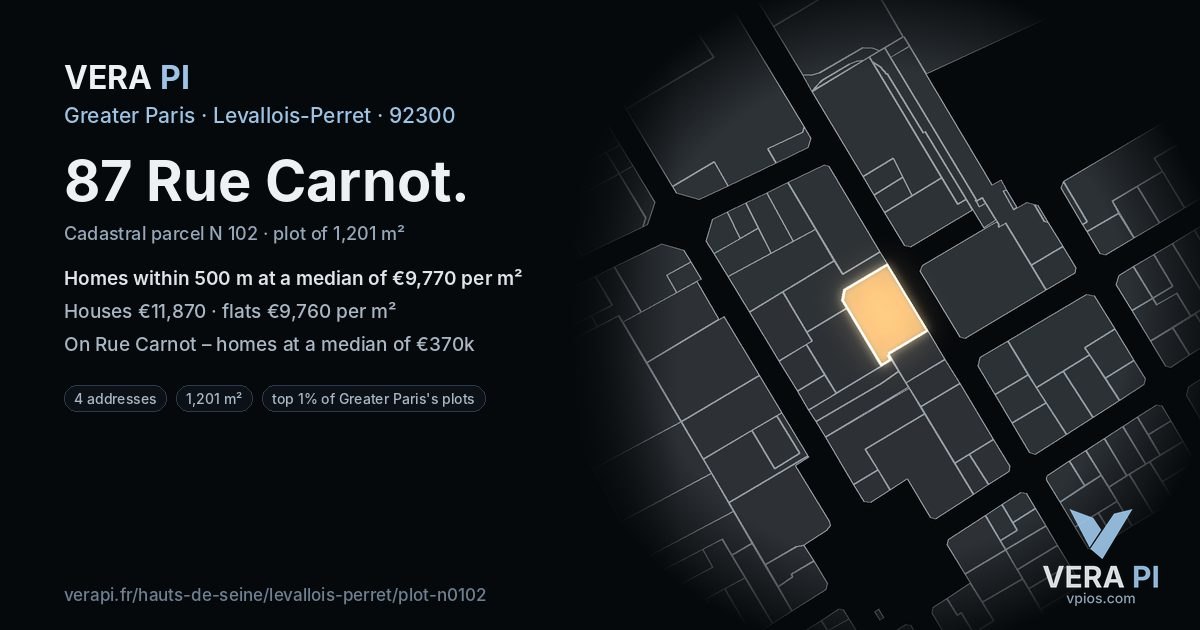 87 Rue Carnot, Levallois-Perret at night – the plot lit, the parcels around coloured by the prices near them