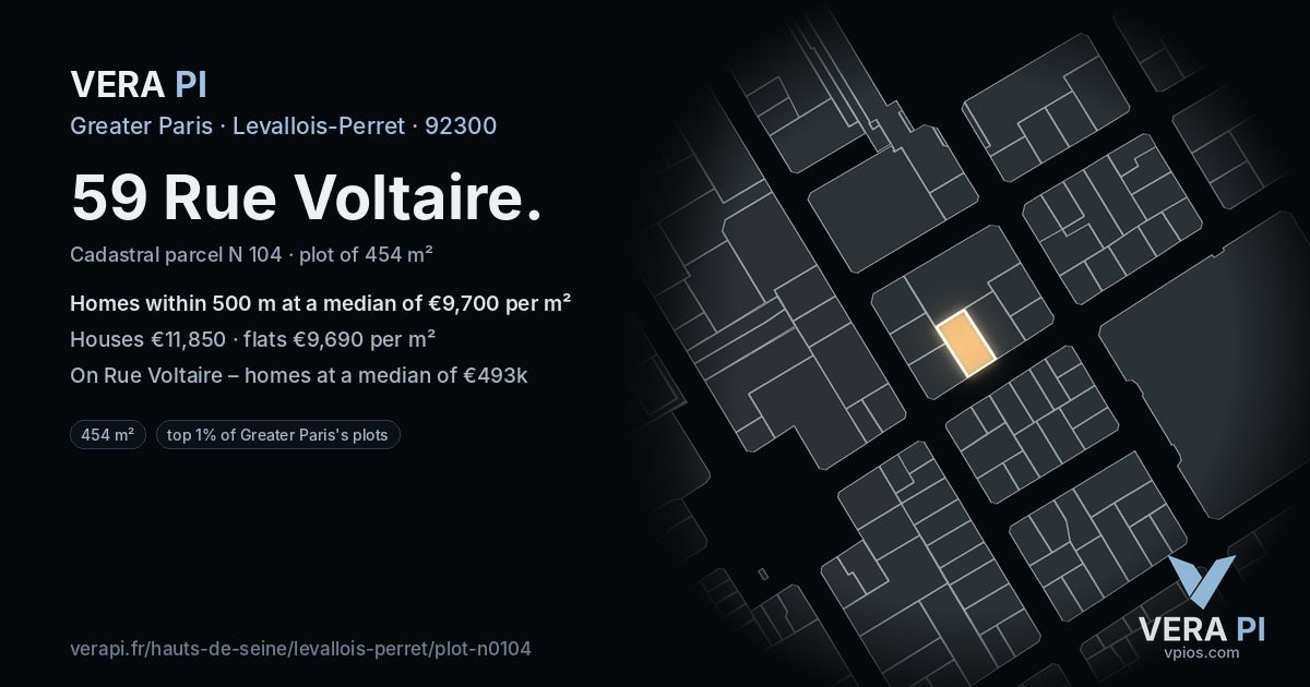 59 Rue Voltaire, Levallois-Perret at night – the plot lit, the parcels around coloured by the prices near them