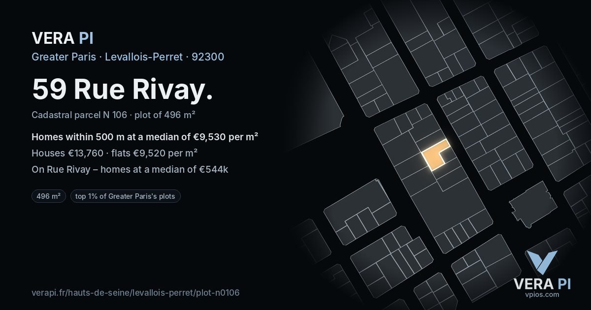 59 Rue Rivay, Levallois-Perret at night – the plot lit, the parcels around coloured by the prices near them
