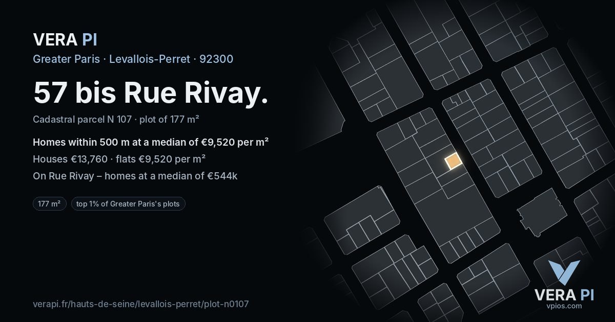 57 bis Rue Rivay, Levallois-Perret at night – the plot lit, the parcels around coloured by the prices near them