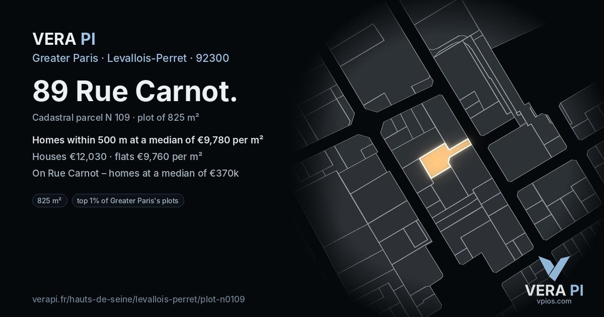 89 Rue Carnot, Levallois-Perret at night – the plot lit, the parcels around coloured by the prices near them