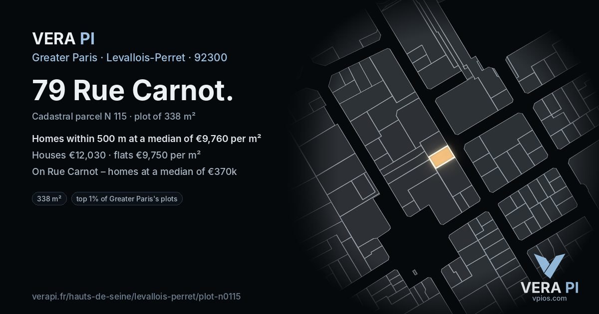 79 Rue Carnot, Levallois-Perret at night – the plot lit, the parcels around coloured by the prices near them