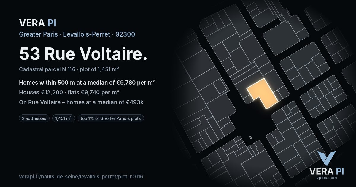 53 Rue Voltaire, Levallois-Perret at night – the plot lit, the parcels around coloured by the prices near them