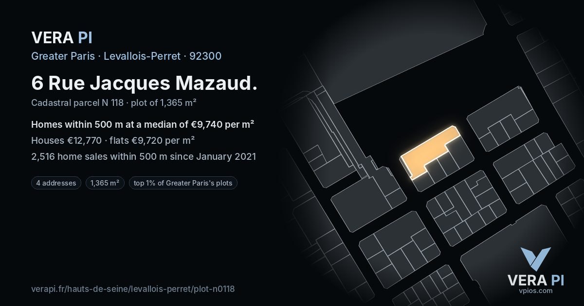 6 Rue Jacques Mazaud, Levallois-Perret at night – the plot lit, the parcels around coloured by the prices near them