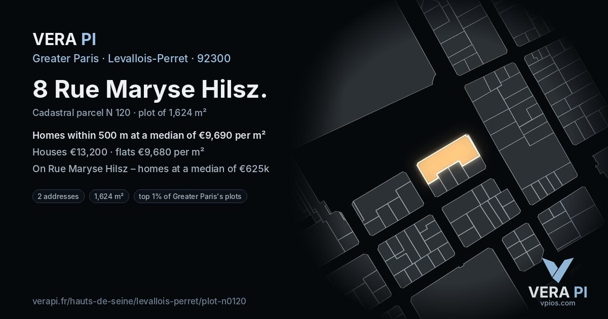 8 Rue Maryse Hilsz, Levallois-Perret at night – the plot lit, the parcels around coloured by the prices near them