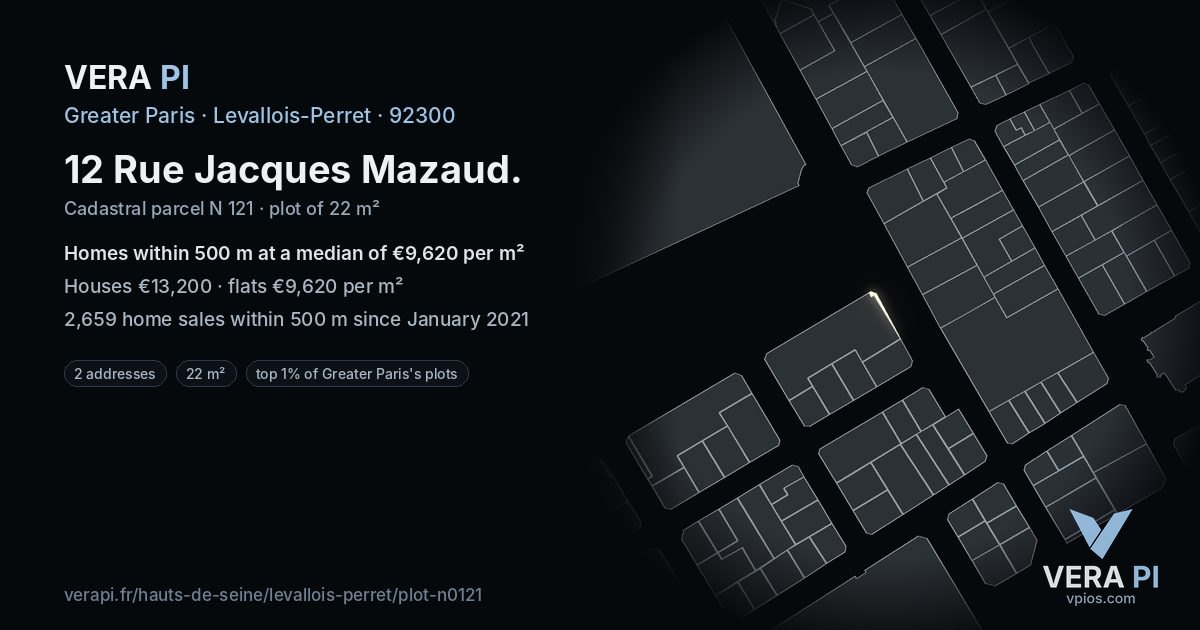 12 Rue Jacques Mazaud, Levallois-Perret at night – the plot lit, the parcels around coloured by the prices near them